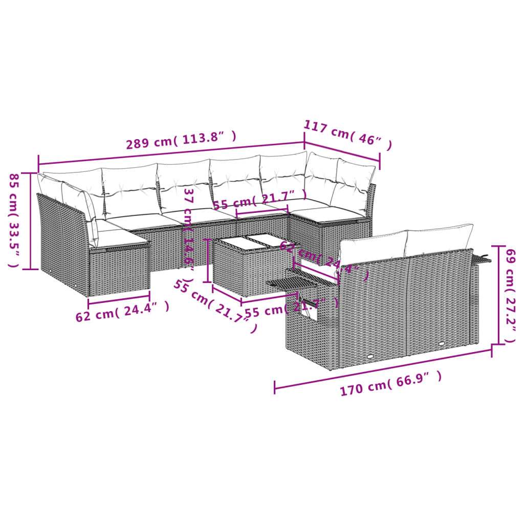 Set Divani da Giardino 10pz con Cuscini in Polyrattan Marrone | homemem39