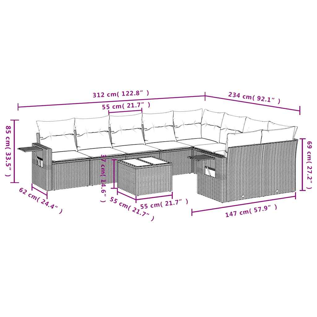 Set Divano da Giardino 10 pz con Cuscini Beige in Polyrattan | homemem39