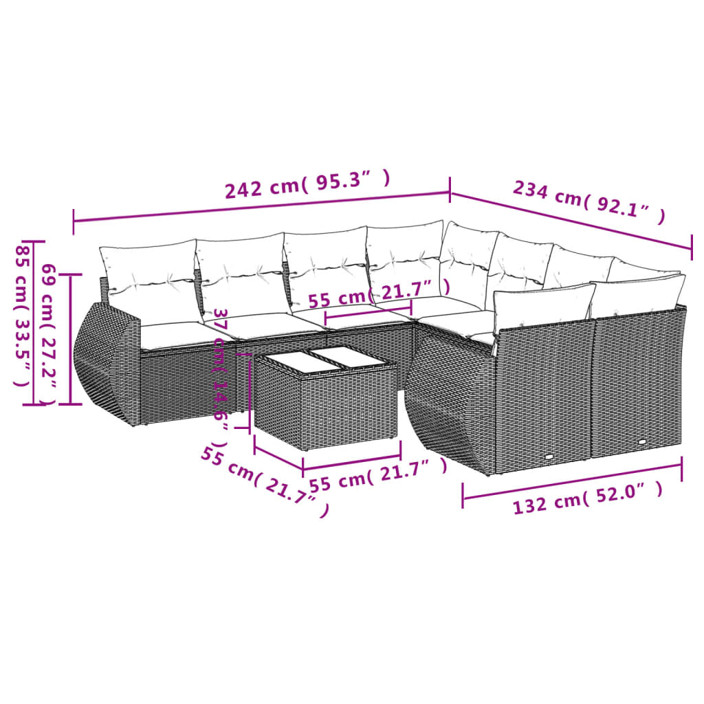 Set Divano da Giardino 9 pz con Cuscini Grigio in Polyrattan | homemem39
