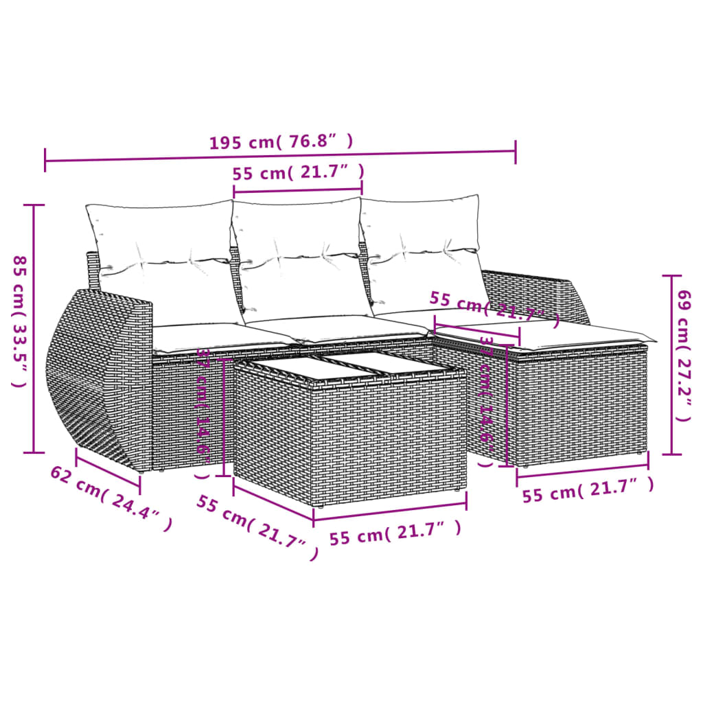 Set Divano da Giardino 5 pz con Cuscini Grigio in Polyrattan | homemem39