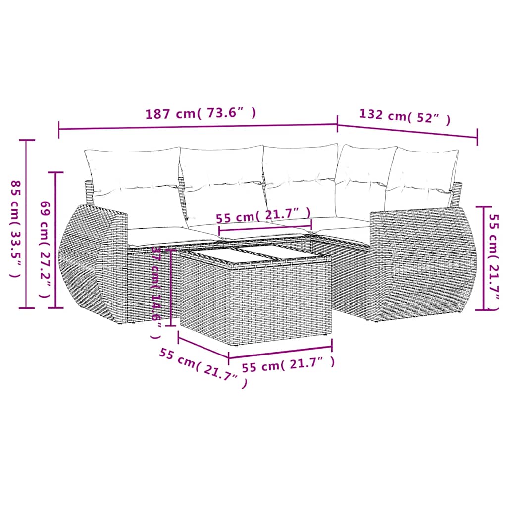 Set Divani da Giardino 5 pz con Cuscini in Polyrattan Nero