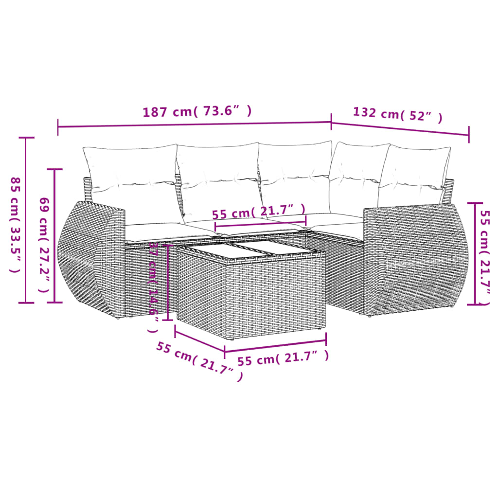 Set Divano da Giardino 5 pz con Cuscini Grigio in Polyrattan