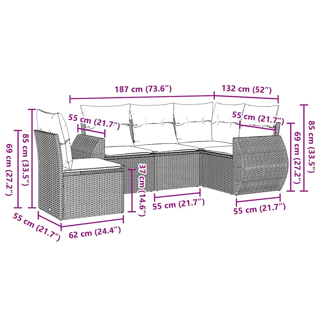 Set Divani da Giardino 5 pz con Cuscini in Polyrattan Nero