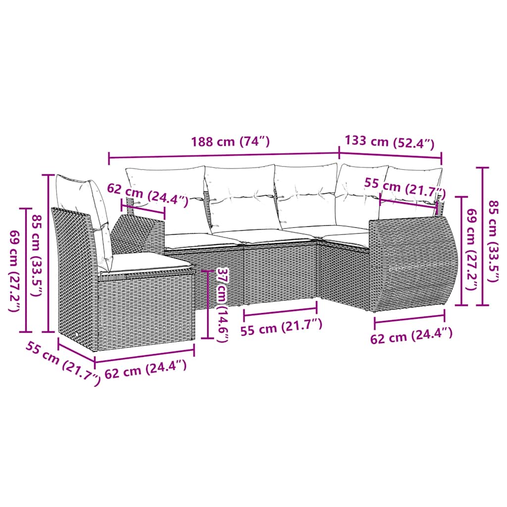 Set Divano da Giardino 5pz con Cuscini Grigio Chiaro Polyrattan