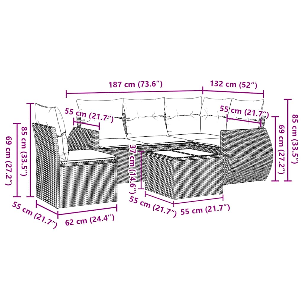 Set Divano da Giardino 6 pz con Cuscini Nero in Polyrattan | homemem39