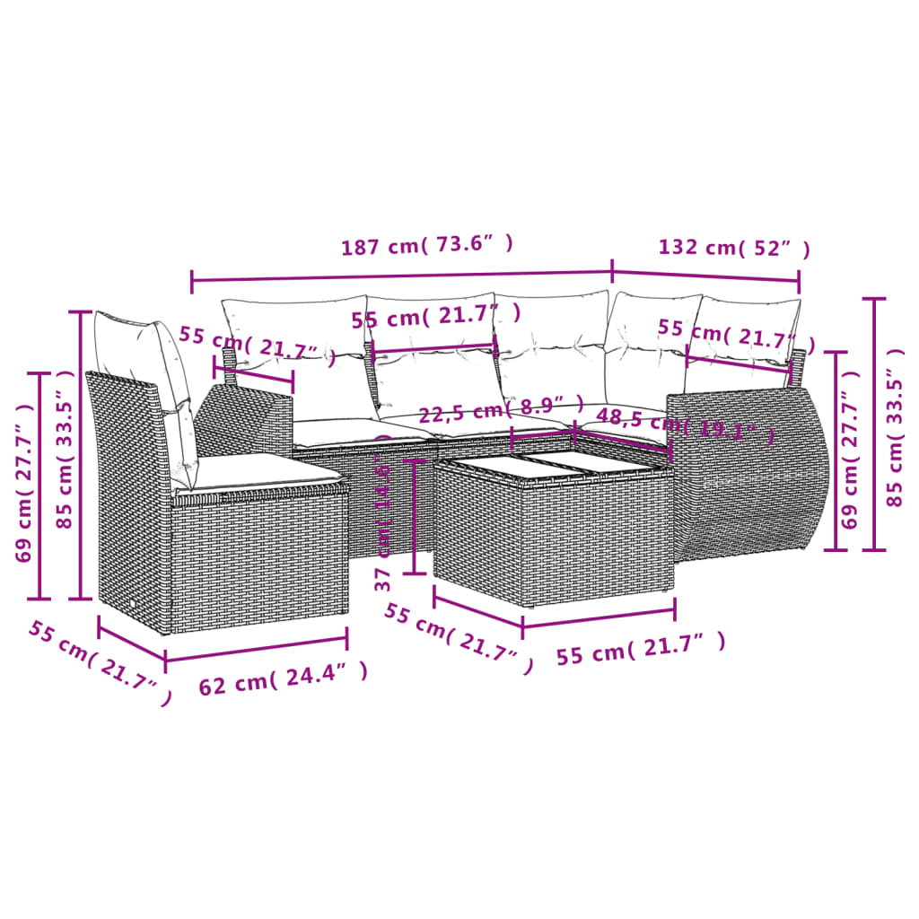 Set Divano da Giardino 6 pz con Cuscini Grigio in Polyrattan