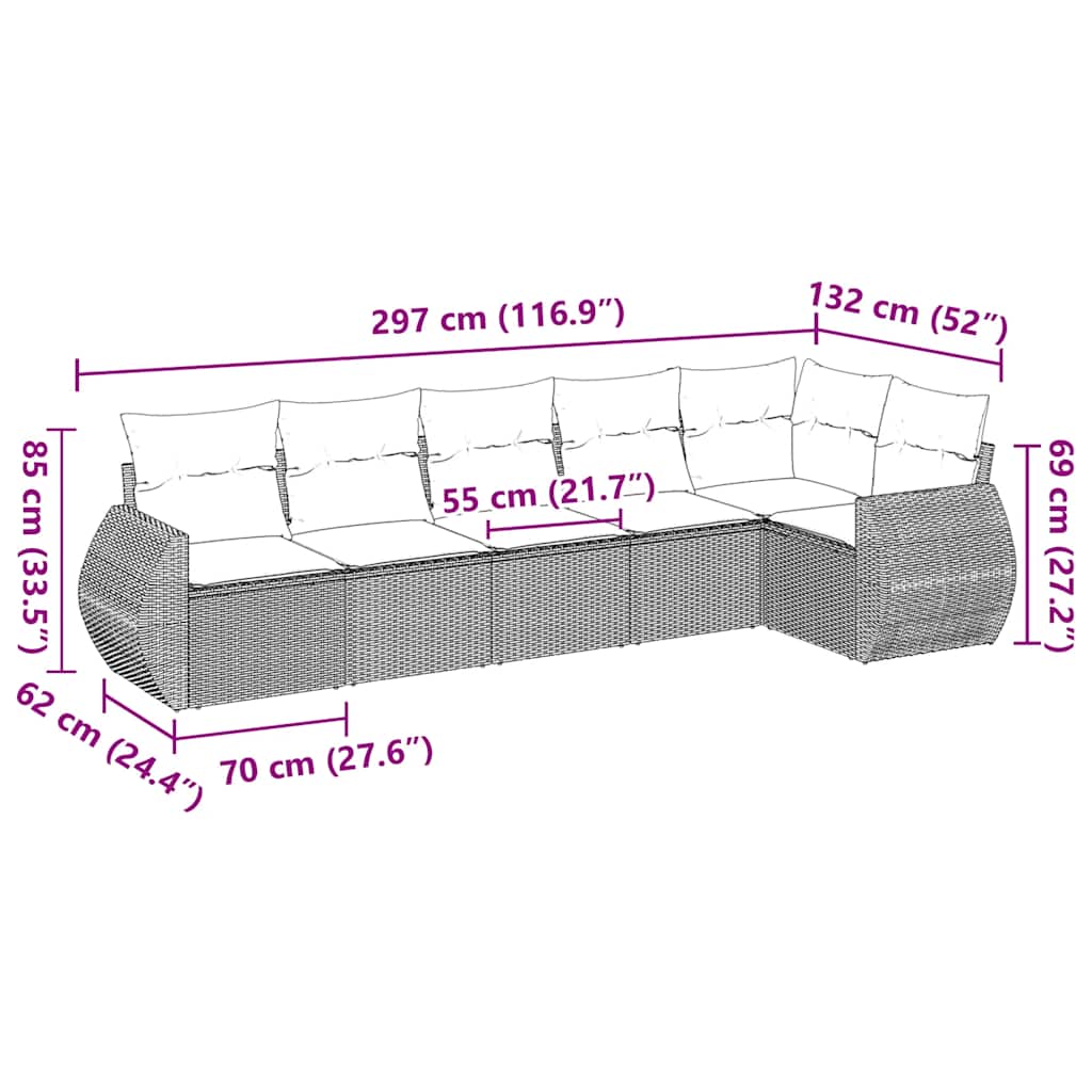 Set Divano da Giardino 6 pz con Cuscini Nero in Polyrattan