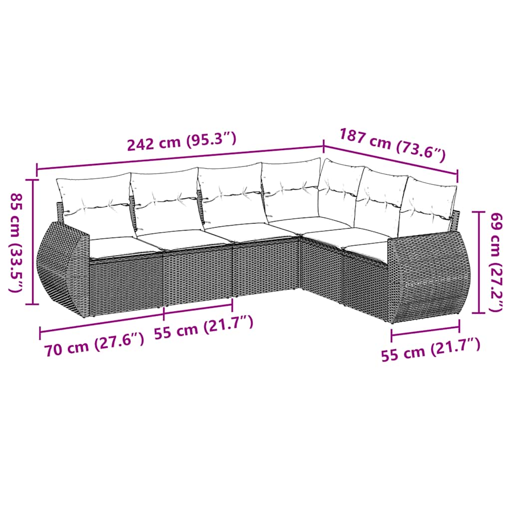 Set Divano da Giardino 6 pz con Cuscini Nero in Polyrattan | homemem39