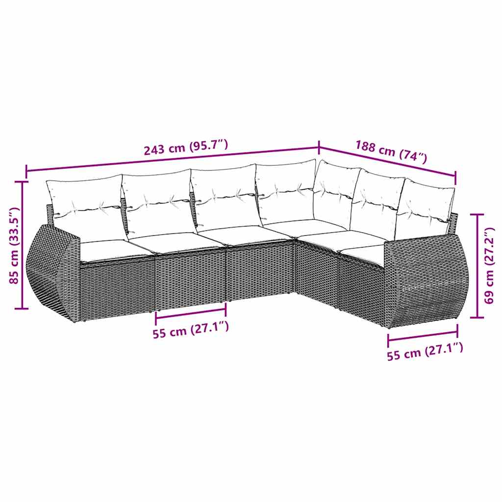 Set Divano da Giardino 6 pz con Cuscini Nero in Polyrattan
