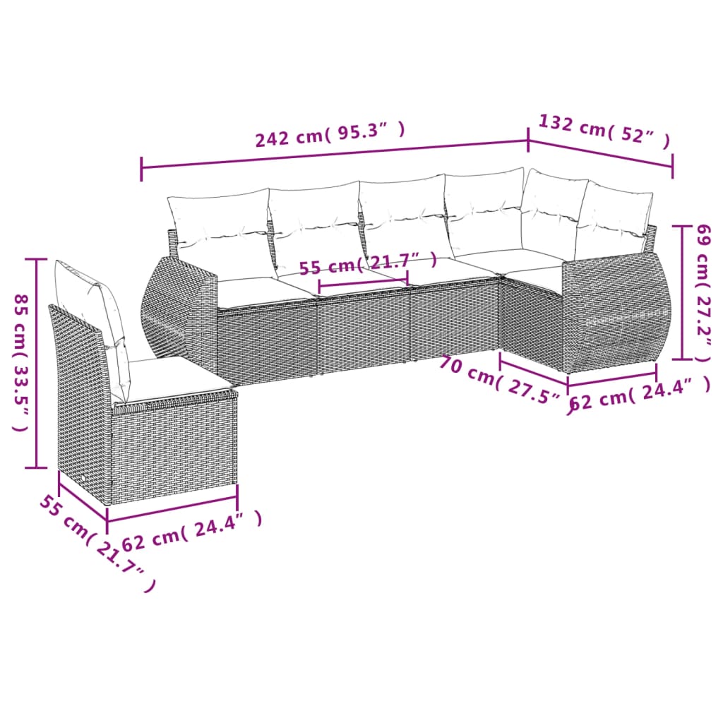Set Divano da Giardino 6 pz con Cuscini Marrone in Polyrattan | homemem39