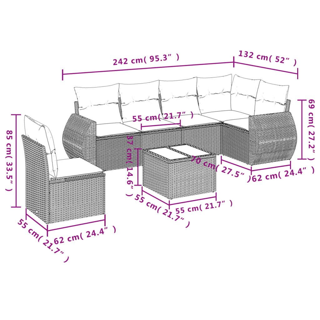 Set Divani da Giardino 7 pz con Cuscini Grigio in Polyrattan | homemem39