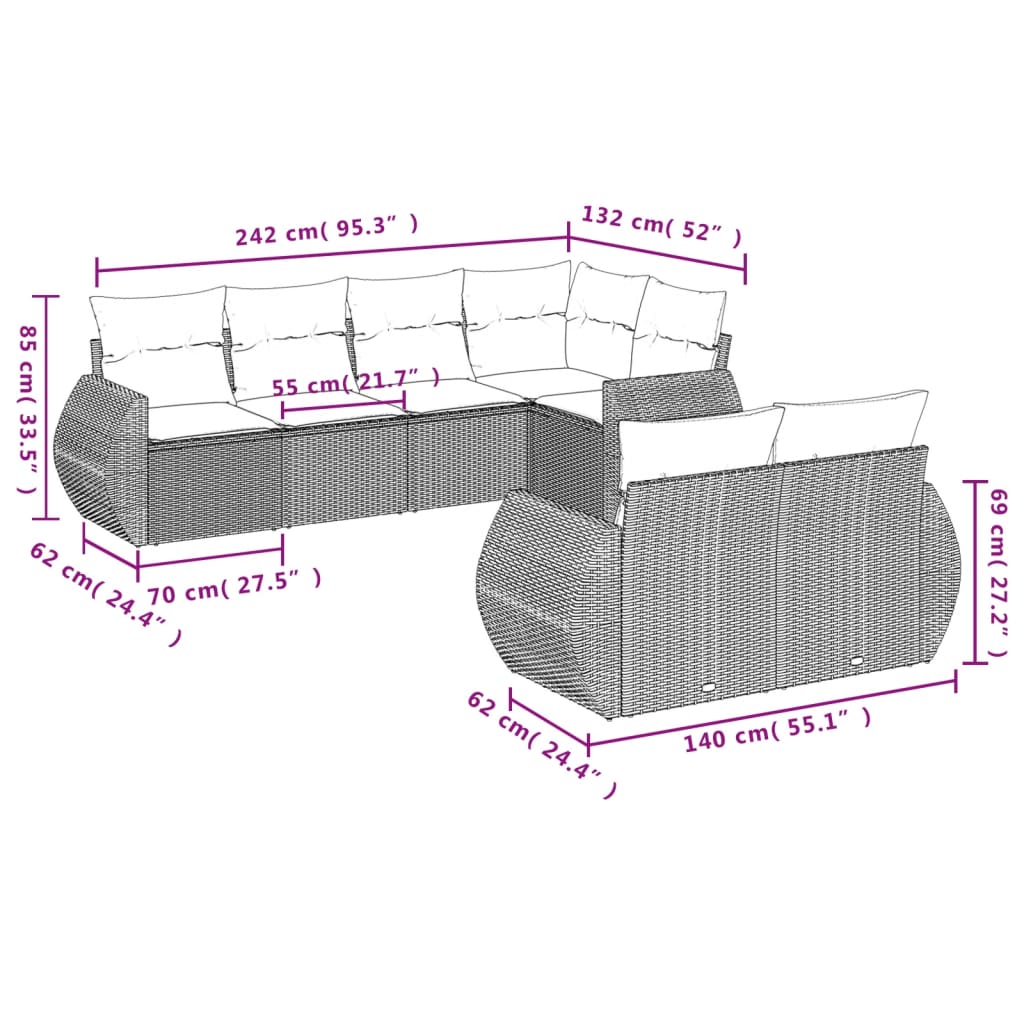 Set Divani da Giardino 7 pz con Cuscini Marrone in Polyrattan | homemem39