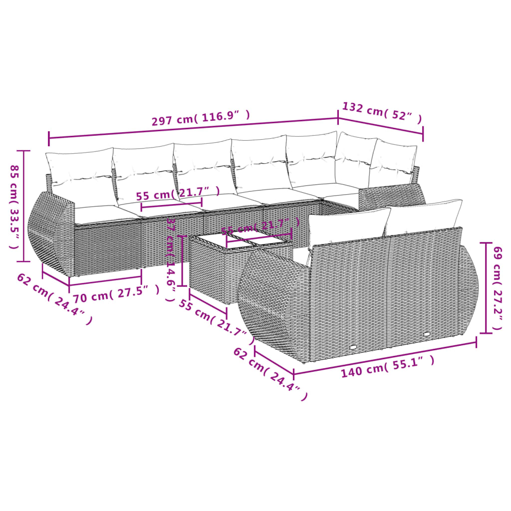 Set Divano da Giardino 9 pz con Cuscini Beige in Polyrattan | homemem39