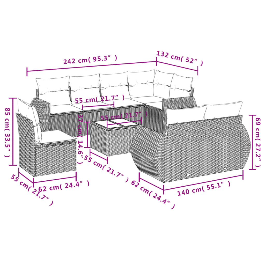 Set Divano da Giardino 9 pz con Cuscini Grigio in Polyrattan | homemem39