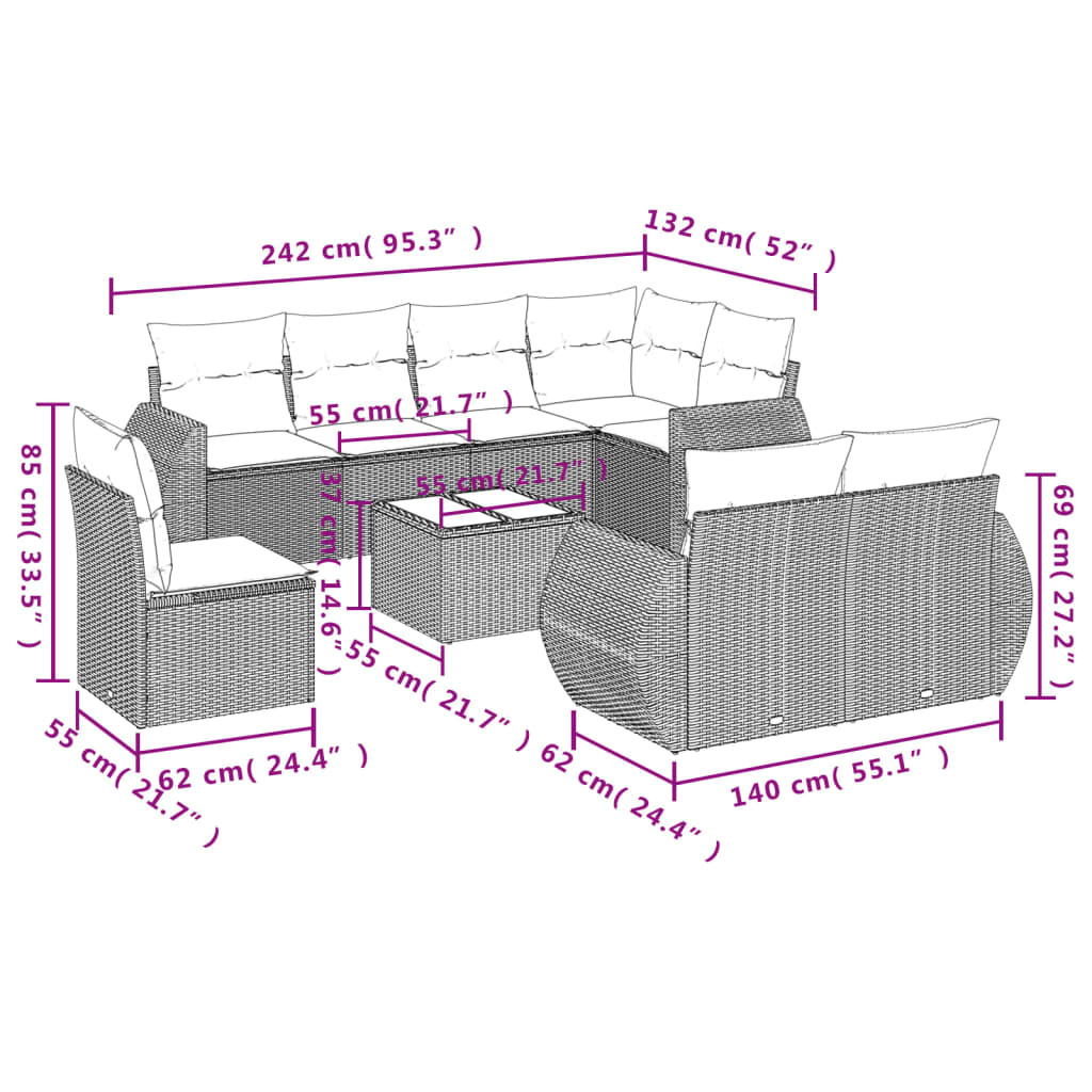 Set Divani da Giardino 9pz con Cuscini Marrone in Polyrattan | homemem39