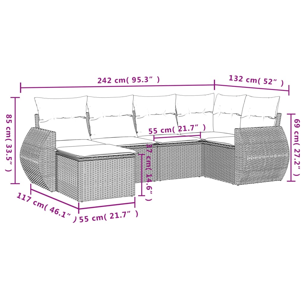 Set Divano da Giardino 6pz con Cuscini Grigio Chiaro Polyrattan