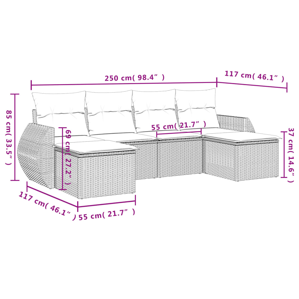 Set Divano da Giardino 6 pz con Cuscini Nero in Polyrattan | homemem39