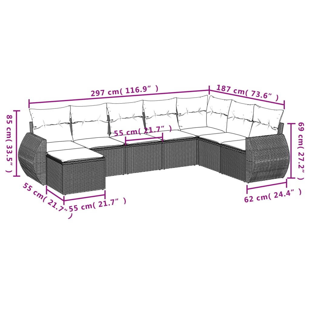 Set Divano da Giardino 9 pz con Cuscini Grigio in Polyrattan | homemem39