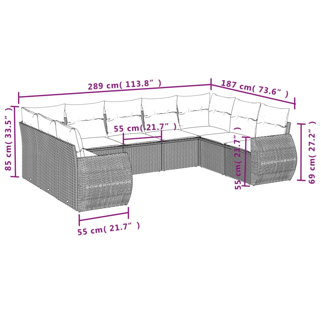 Set Divano da Giardino 9 pz con Cuscini Beige in Polyrattan | homemem39