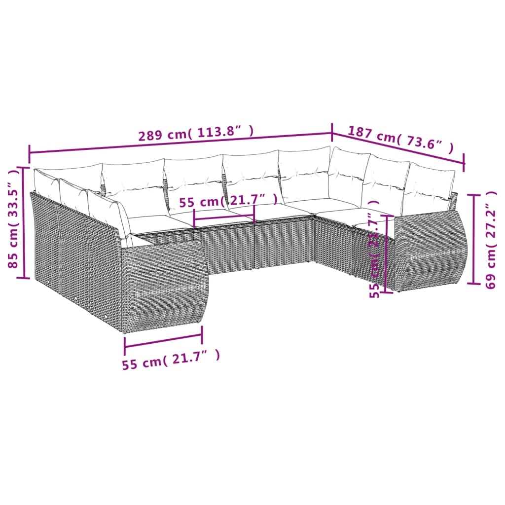Set Divano da Giardino 9 pz con Cuscini Grigio in Polyrattan | homemem39