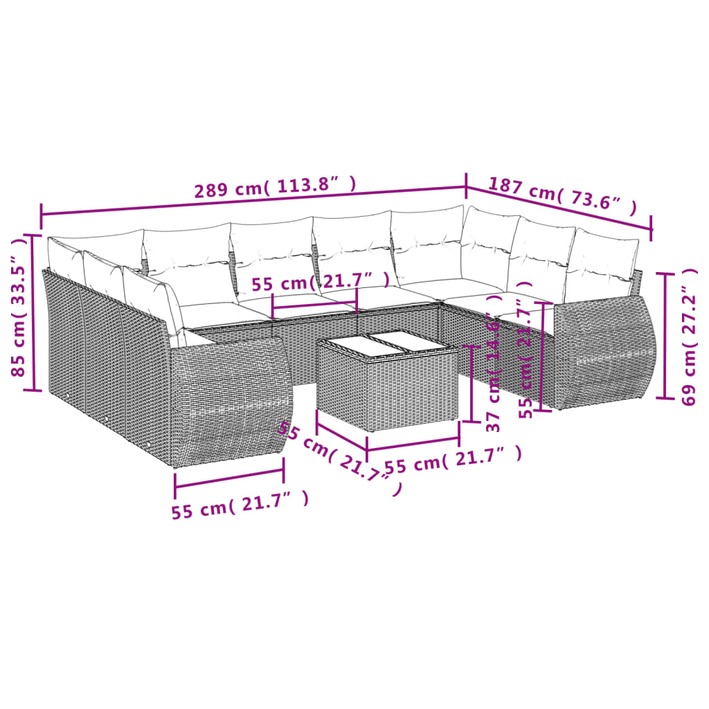 Set Divano da Giardino 10 pz con Cuscini Grigio in Polyrattan | homemem39