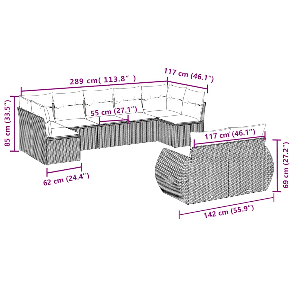 Set Divani da Giardino 9 pz con Cuscini Nero in Polyrattan