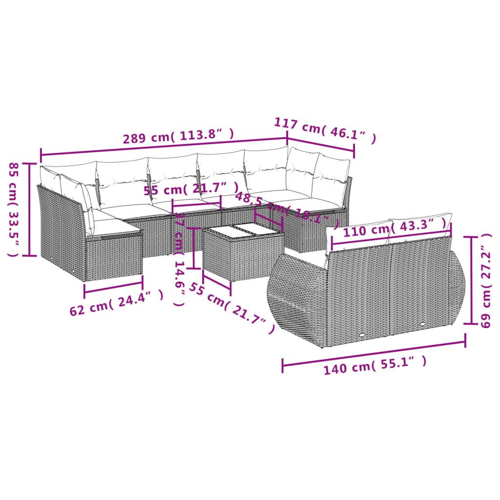 Set Divani da Giardino 10pz con Cuscini in Polyrattan Nero | homemem39