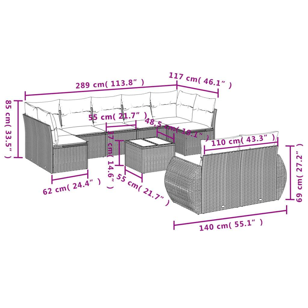 Set Divani da Giardino 10pz con Cuscini in Polyrattan Marrone | homemem39