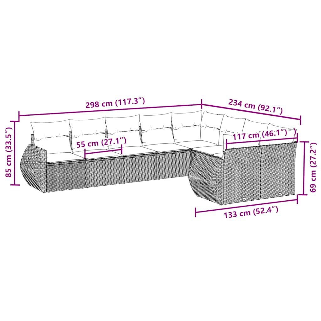 Set Divani da Giardino 9 pz con Cuscini Nero in Polyrattan