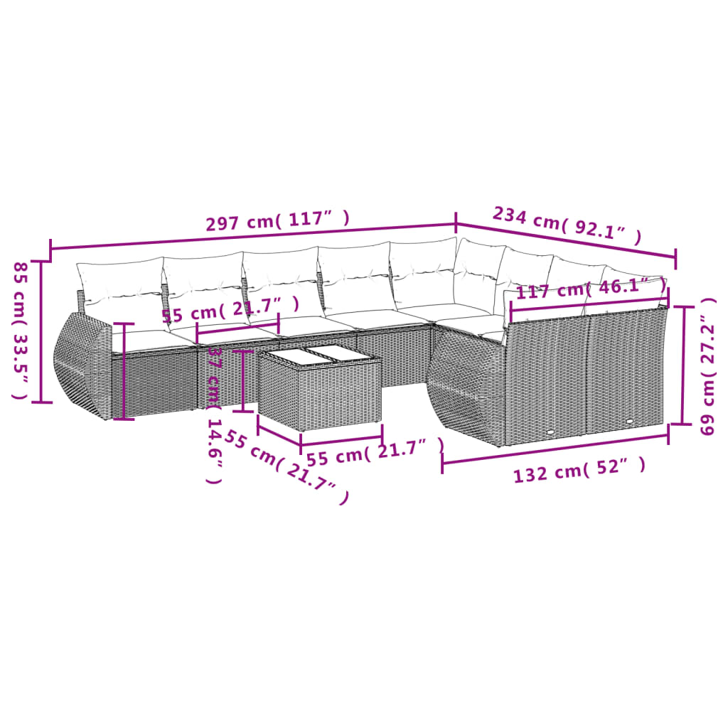 Set Divano da Giardino 10 pz con Cuscini Grigio in Polyrattan | homemem39