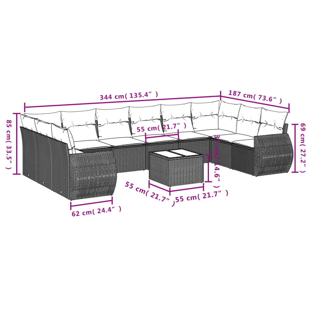 Set Divani da Giardino 10pz con Cuscini in Polyrattan Nero | homemem39