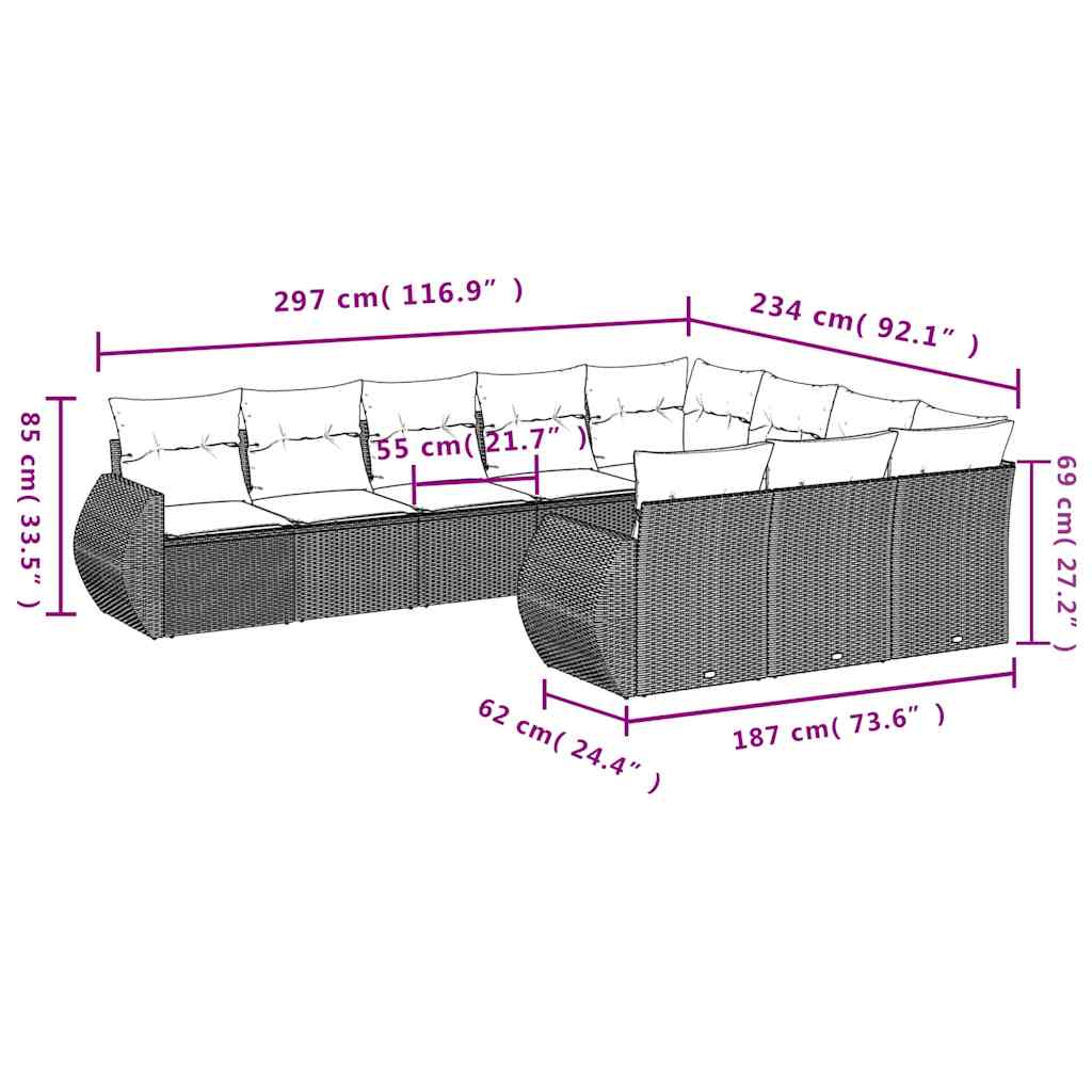 Set Divani da Giardino 10pz con Cuscini in Polyrattan Nero | homemem39