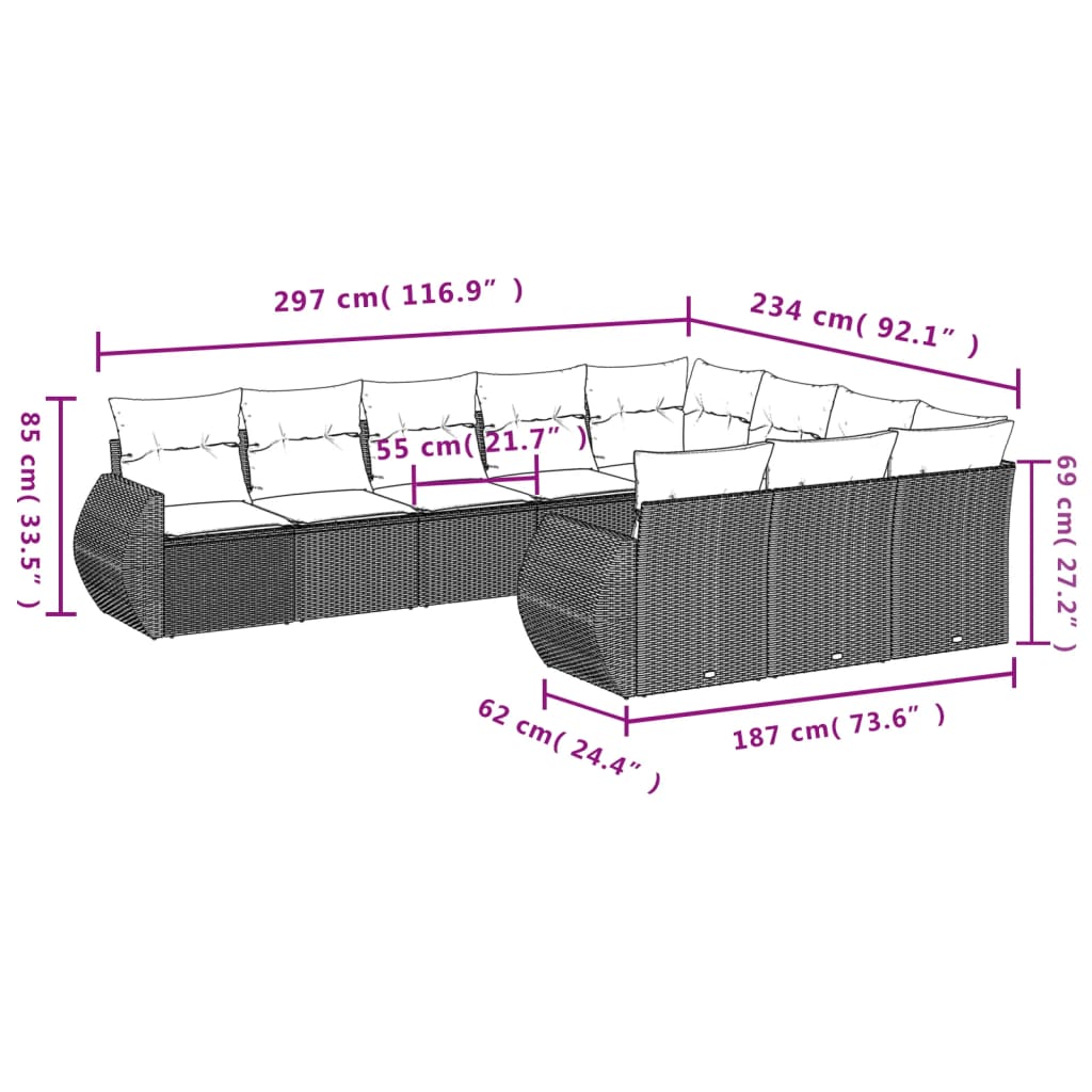 Set Divani da Giardino 10pz con Cuscini in Polyrattan Nero | homemem39