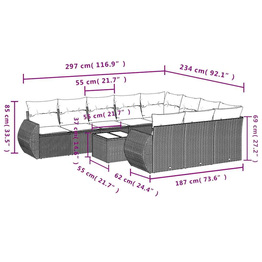 Set Divani da Giardino 11 pz con Cuscini in Polyrattan Nero | homemem39