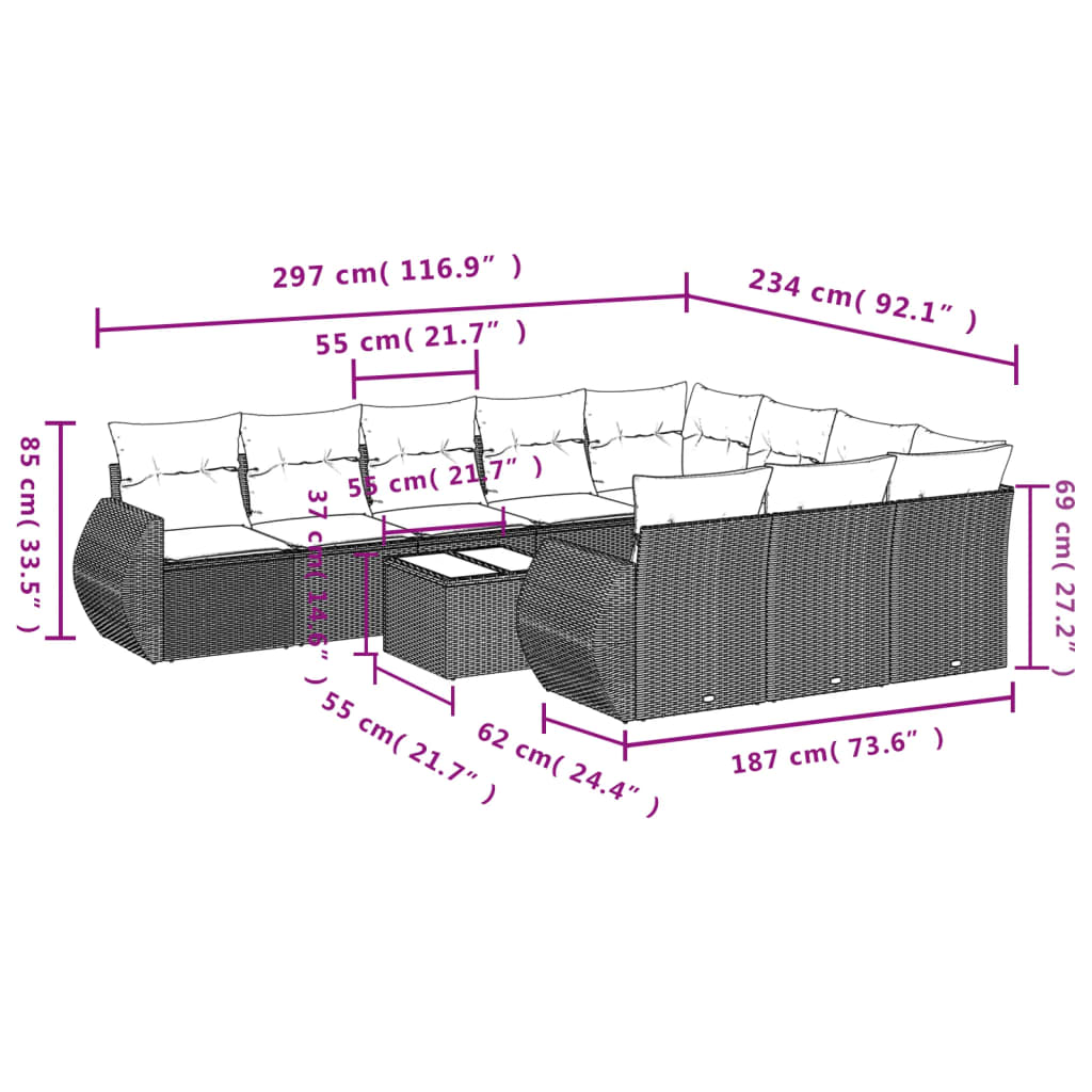 Set Divani da Giardino 11 pz con Cuscini in Polyrattan Grigio | homemem39