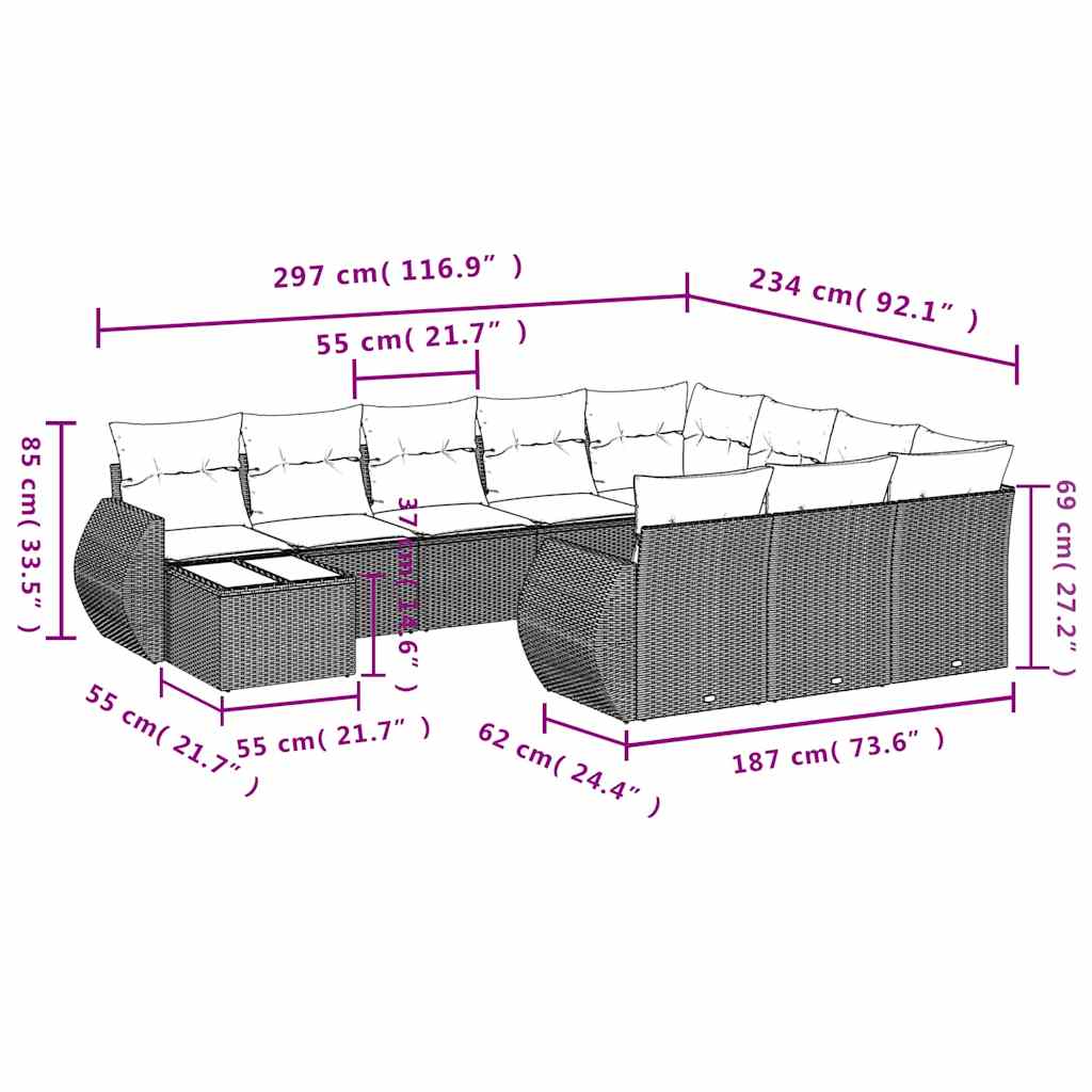 Set Divani da Giardino 11 pz con Cuscini in Polyrattan Grigio | homemem39