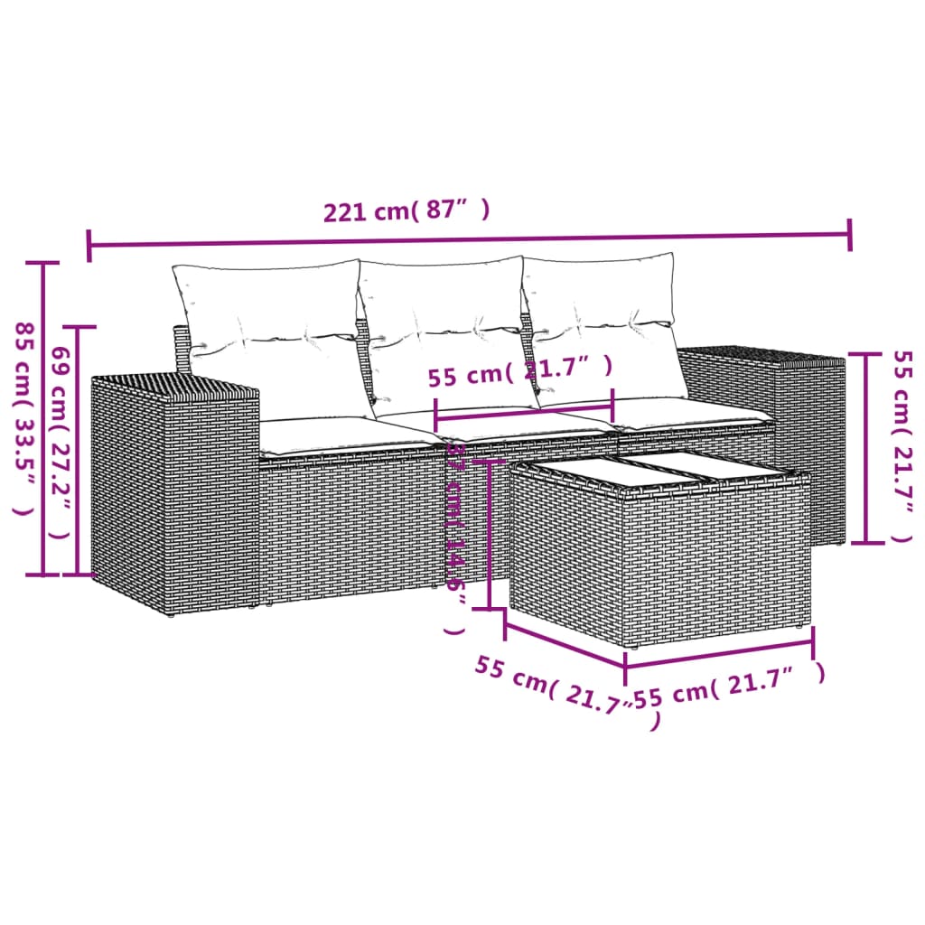 Set Divani da Giardino 4 pz con Cuscini in Polyrattan Grigio | homemem39
