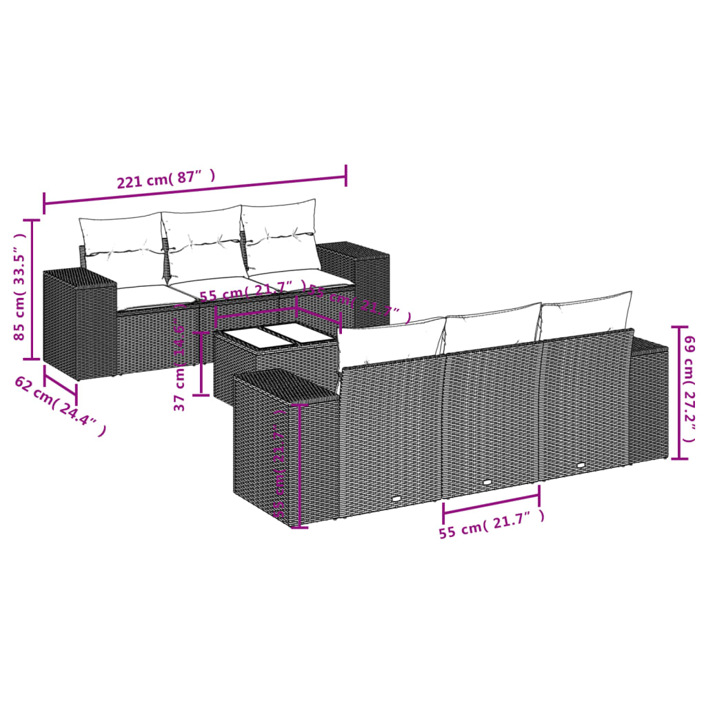 Set Divani da Giardino con Cuscini 7pz Nero Polyrattan | homemem39