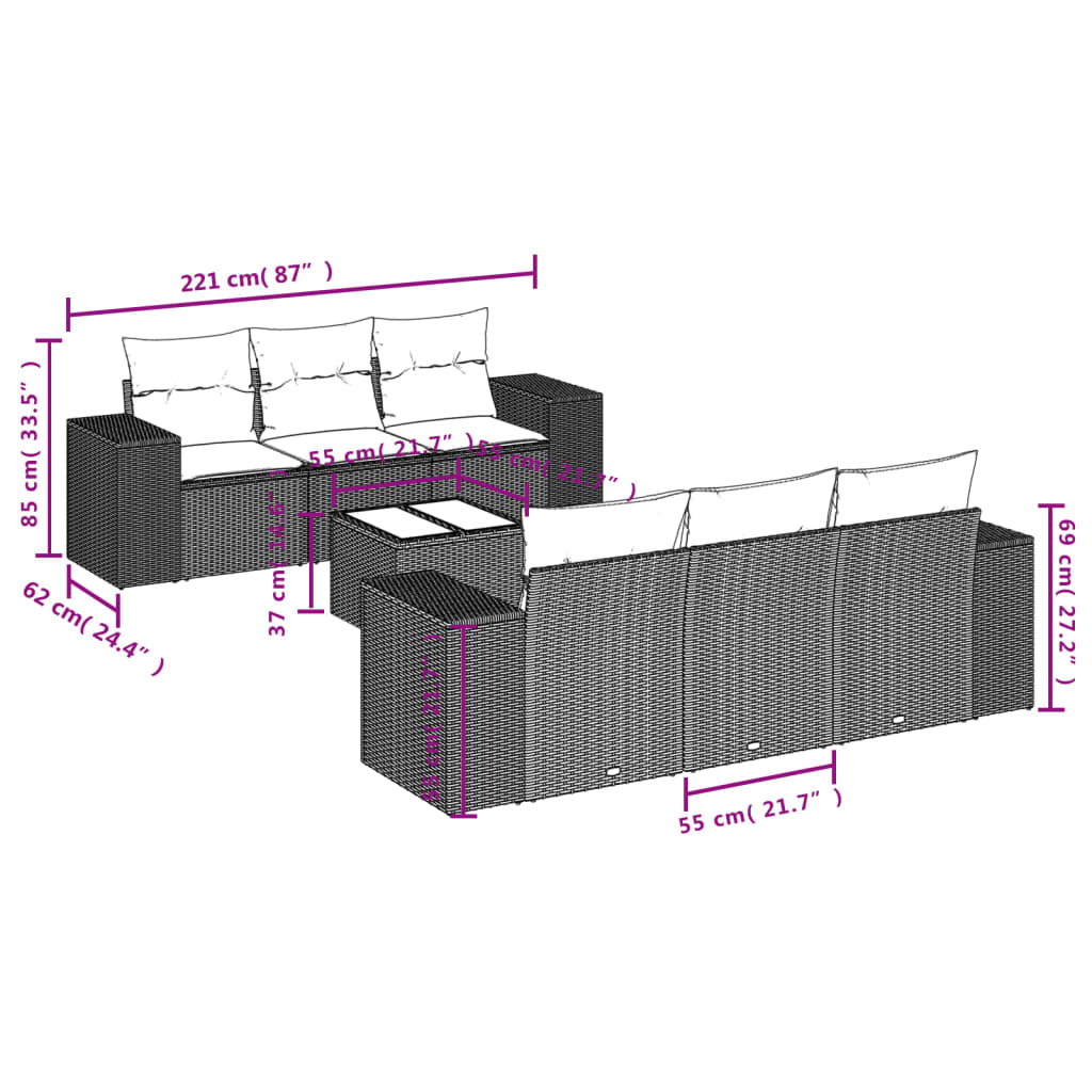 Set Divani da Giardino 7 pz con Cuscini Grigio in Polyrattan | homemem39