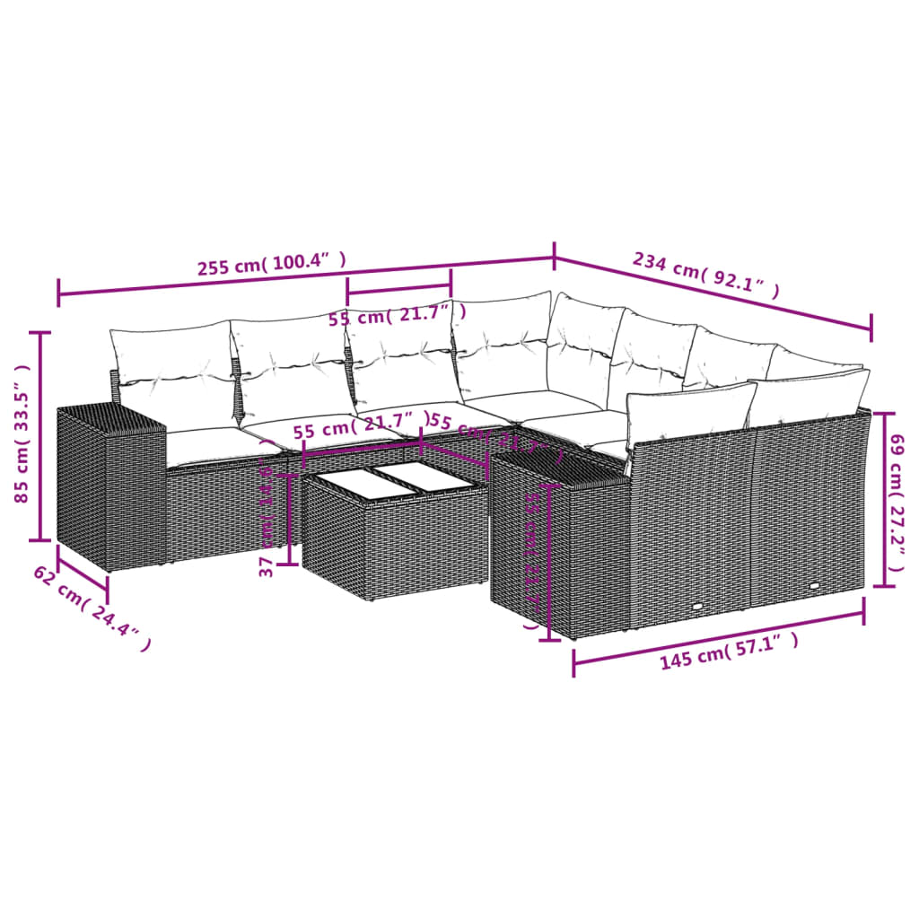 Set Divani da Giardino 9 pz con Cuscini Nero in Polyrattan | homemem39