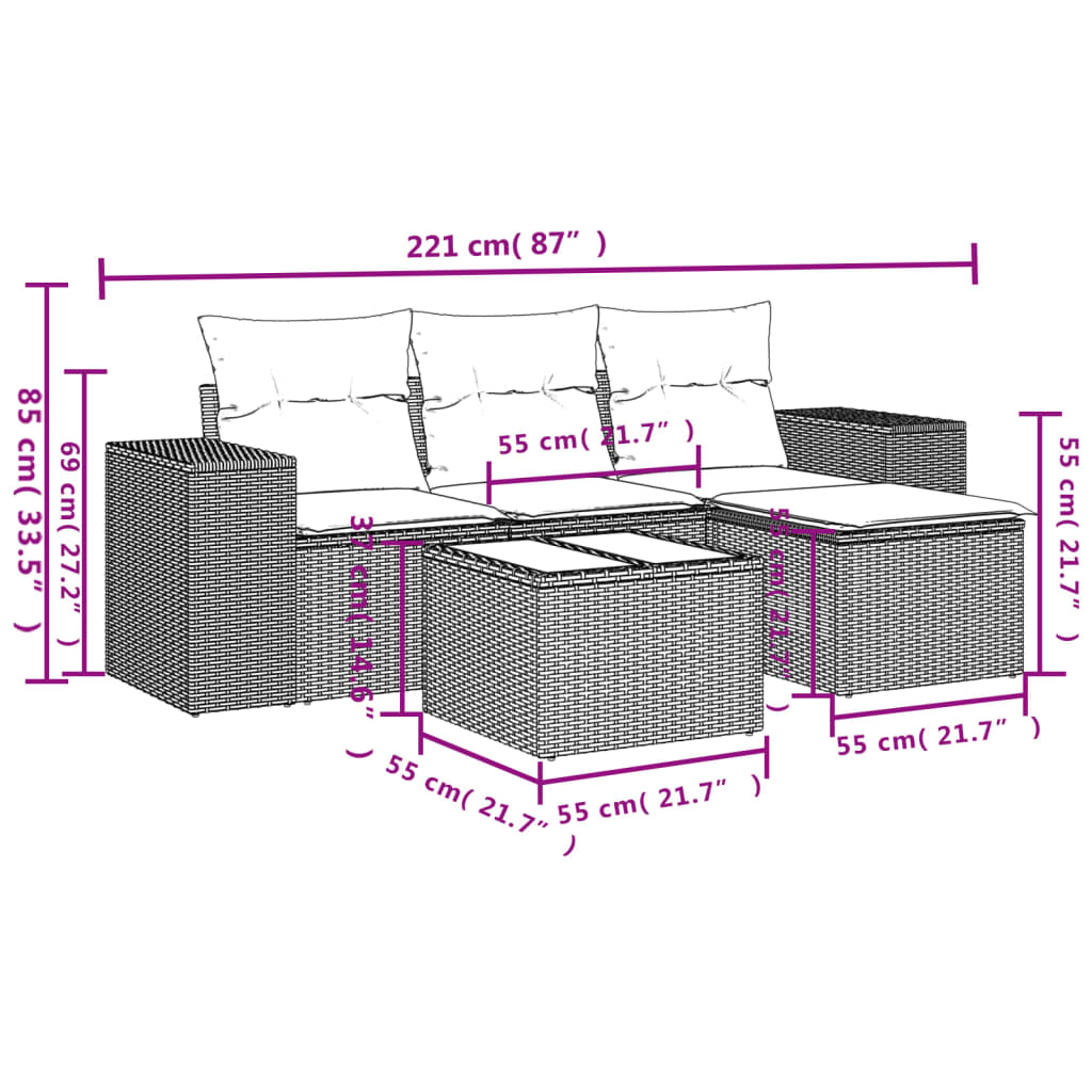 Set Divano da Giardino 5 pz con Cuscini Marrone in Polyrattan | homemem39