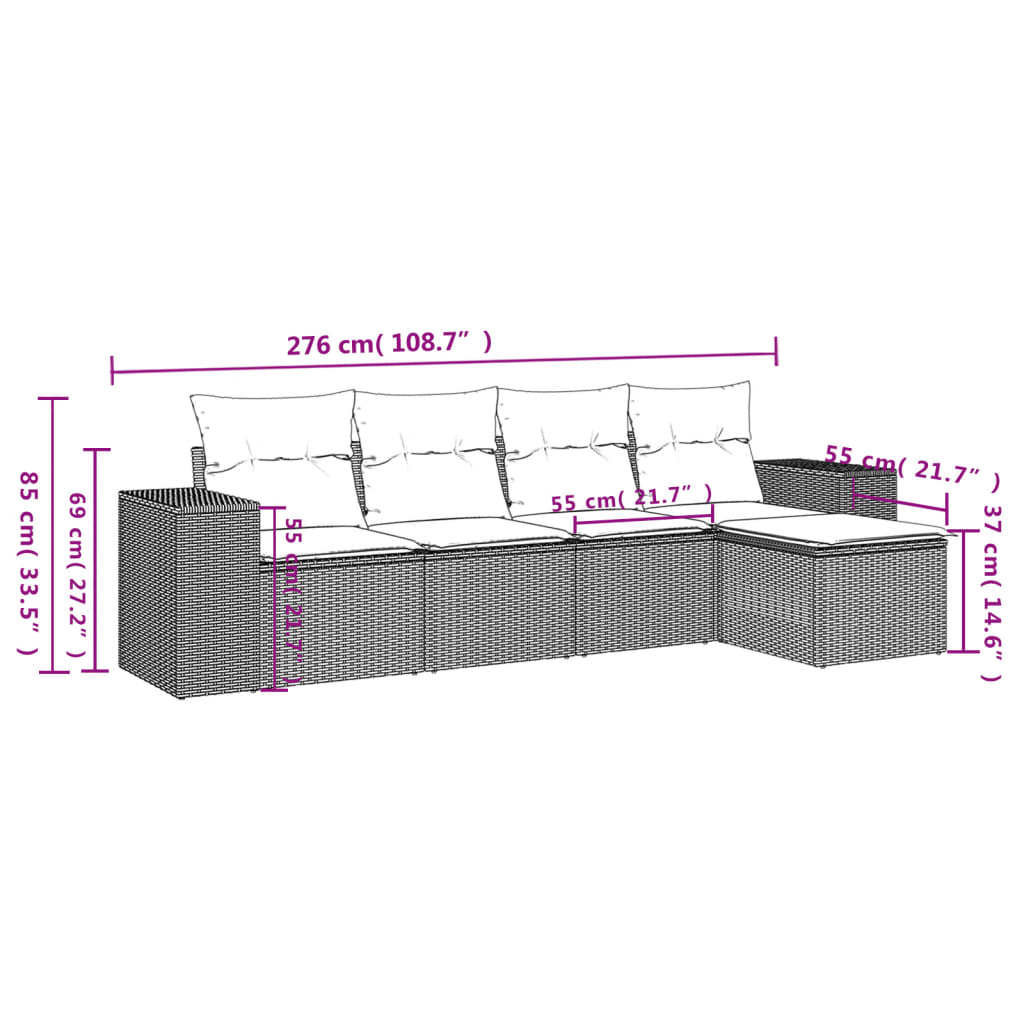 Set Divano da Giardino 5 pz con Cuscini Marrone in Polyrattan | homemem39