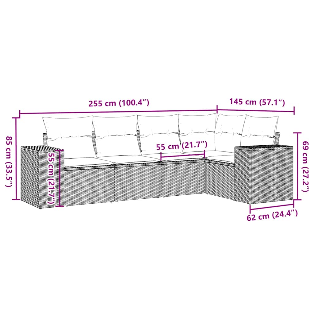 Set Divano da Giardino 5pz con Cuscini Grigio Chiaro Polyrattan