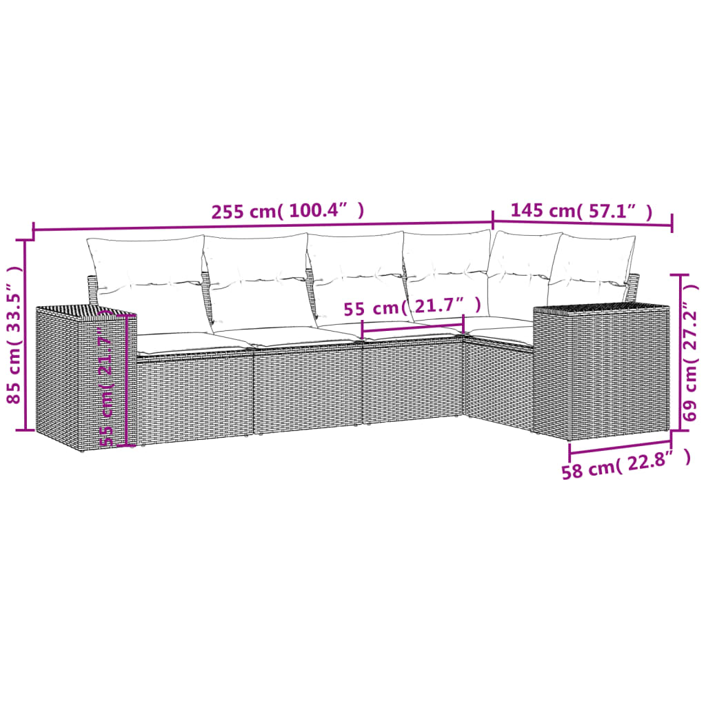 Set Divano da Giardino 5 pz con Cuscini Marrone in Polyrattan | homemem39