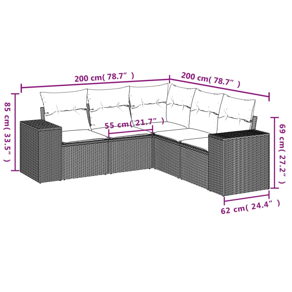 Set Divani da Giardino 5 pz con Cuscini in Polyrattan Nero | homemem39