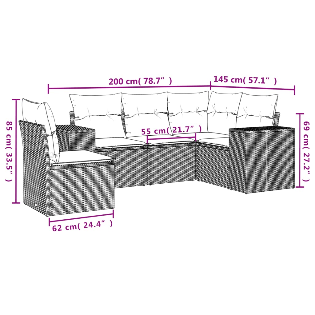 Set Divano da Giardino 5pz con Cuscini Grigio Chiaro Polyrattan | homemem39