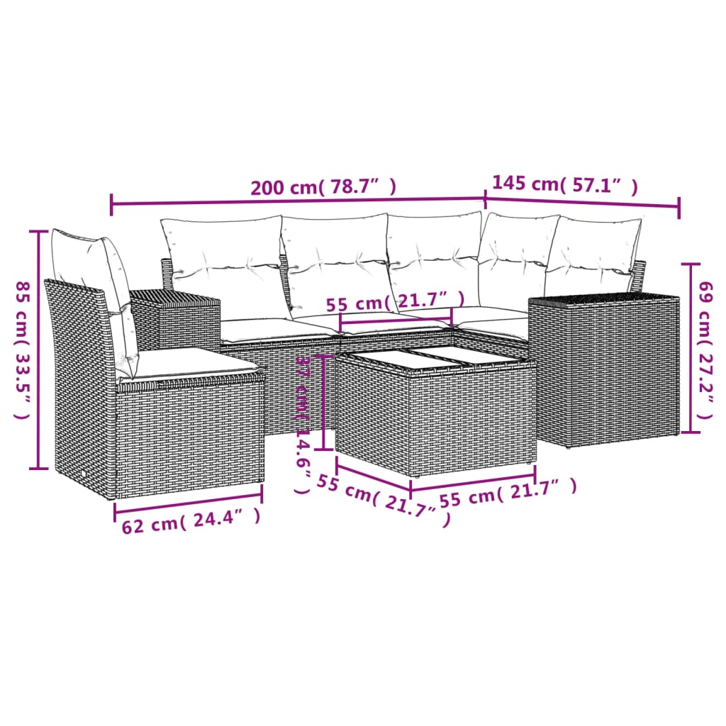 Set Divano da Giardino 6 pz con Cuscini Nero in Polyrattan | homemem39