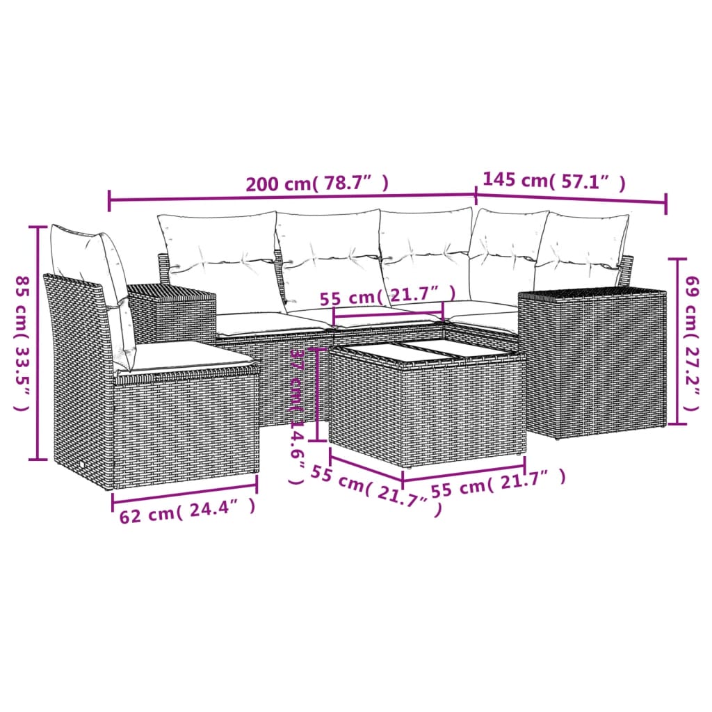 Set Divano da Giardino 6 pz con Cuscini Nero in Polyrattan