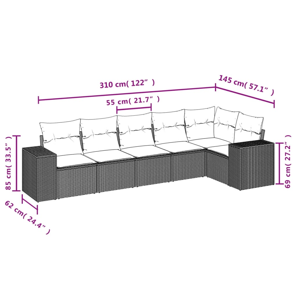 Set Divano da Giardino 6 pz con Cuscini Grigio in Polyrattan | homemem39