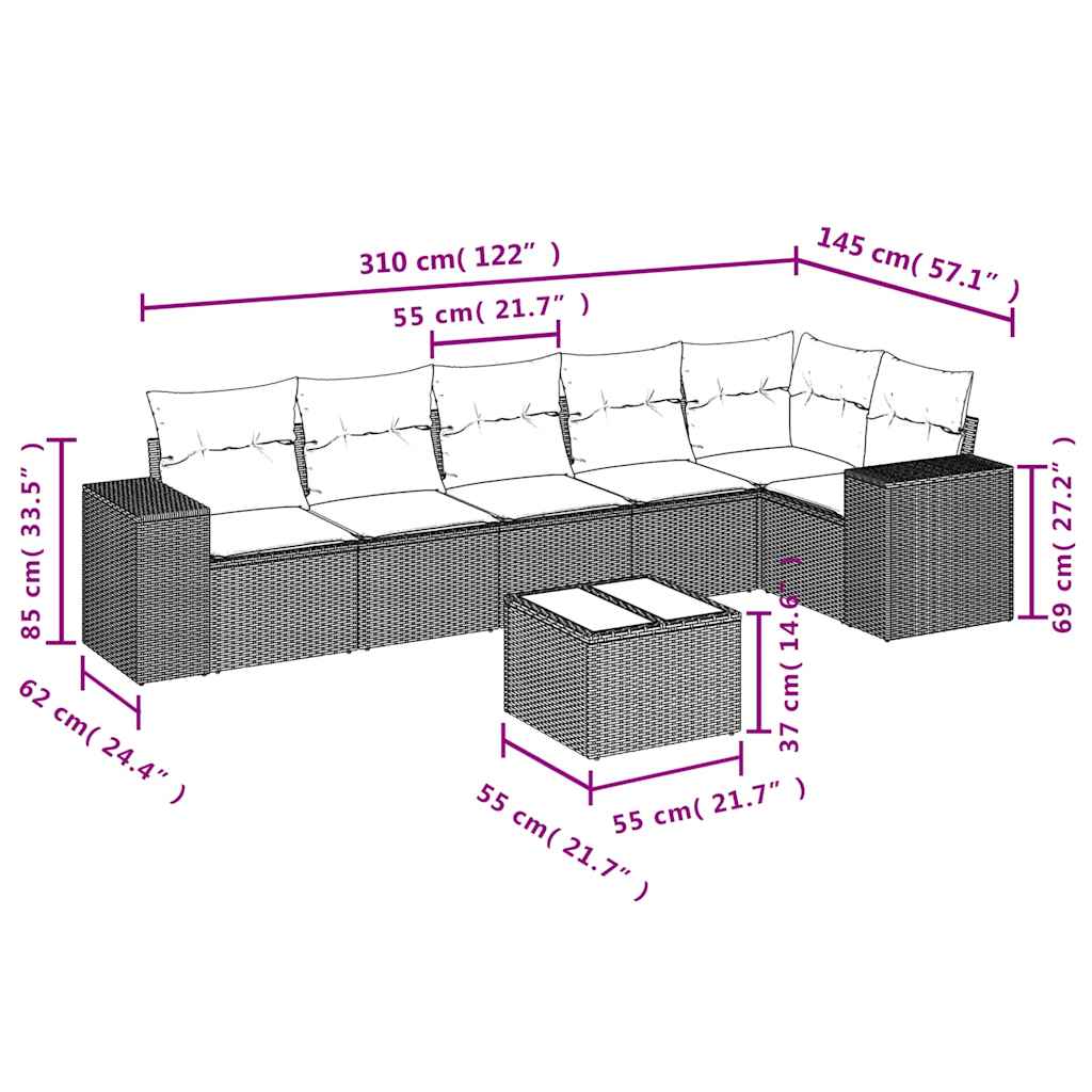 Set Divani da Giardino con Cuscini 7pz Nero Polyrattan